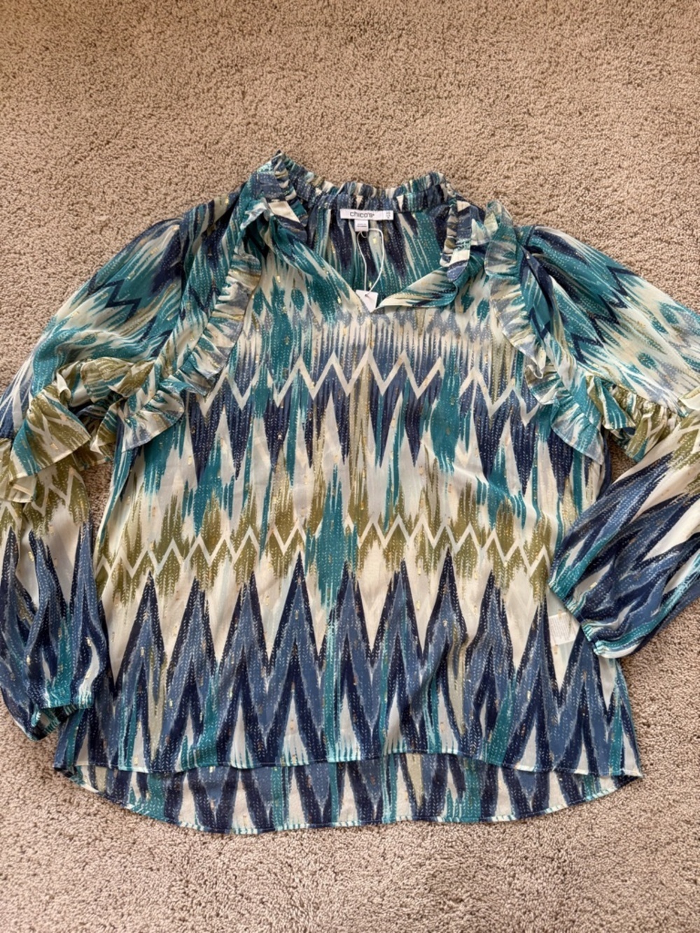 New! Chico's METALLIC CLIP BLOUSE
IKAT BLAST TOP LS WOVEN PATTERN
PAGODA BLUE